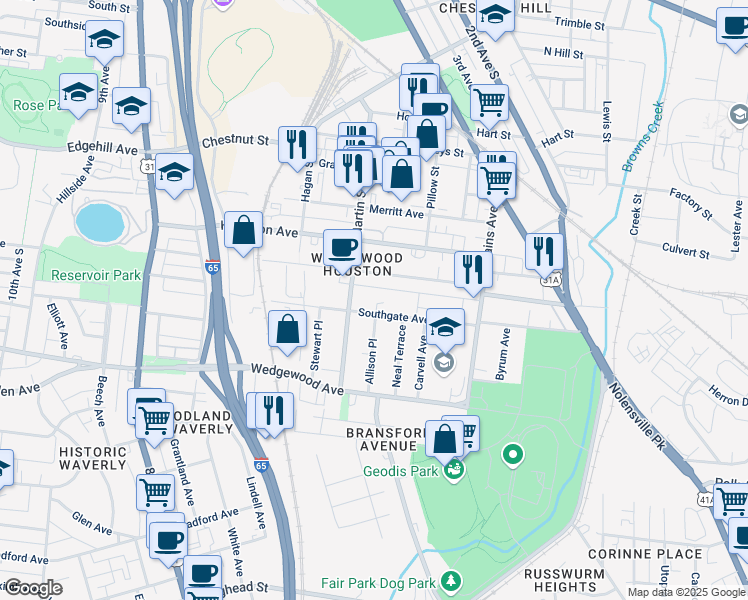 map of restaurants, bars, coffee shops, grocery stores, and more near 600 Southgate Avenue in Nashville