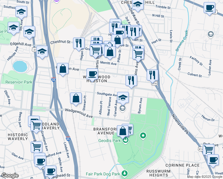 map of restaurants, bars, coffee shops, grocery stores, and more near 1611 Marshall Hollow Drive in Nashville
