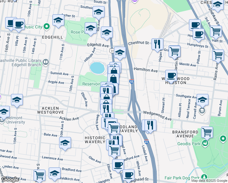 map of restaurants, bars, coffee shops, grocery stores, and more near 758 East Argyle Avenue in Nashville