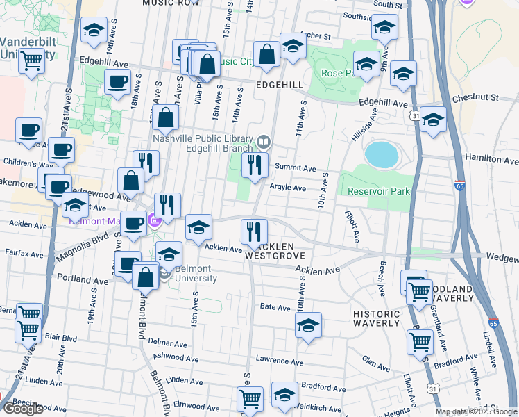 map of restaurants, bars, coffee shops, grocery stores, and more near 1500 12th Avenue South in Nashville
