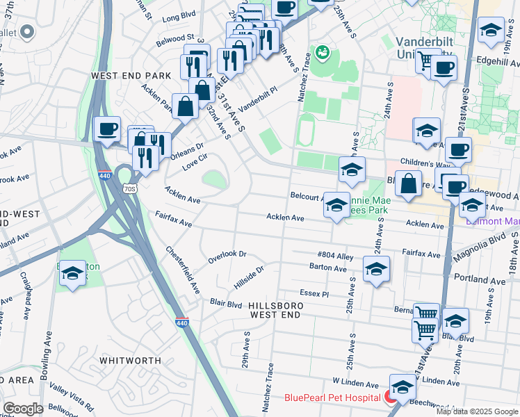 map of restaurants, bars, coffee shops, grocery stores, and more near 2810 Acklen Avenue in Nashville