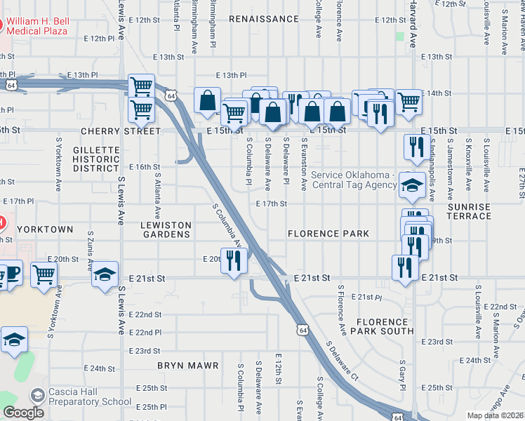 map of restaurants, bars, coffee shops, grocery stores, and more near 1711 South Delaware Avenue in Tulsa