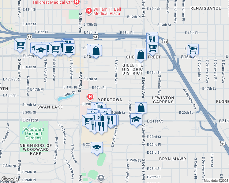 map of restaurants, bars, coffee shops, grocery stores, and more near 1744 South Yorktown Avenue in Tulsa