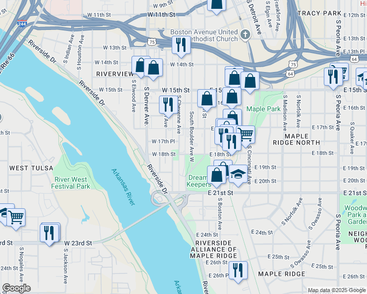 map of restaurants, bars, coffee shops, grocery stores, and more near 1733 South Cheyenne Avenue in Tulsa