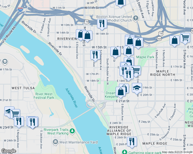 map of restaurants, bars, coffee shops, grocery stores, and more near 1739 South Carson Avenue in Tulsa