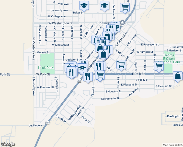 map of restaurants, bars, coffee shops, grocery stores, and more near 396 West Forest Avenue in Coalinga