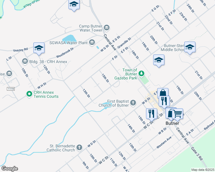map of restaurants, bars, coffee shops, grocery stores, and more near 601 North 15th Street in Butner