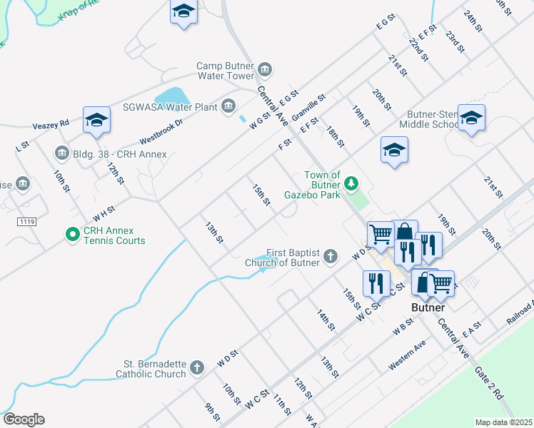 map of restaurants, bars, coffee shops, grocery stores, and more near 601 North 15th Street in Butner