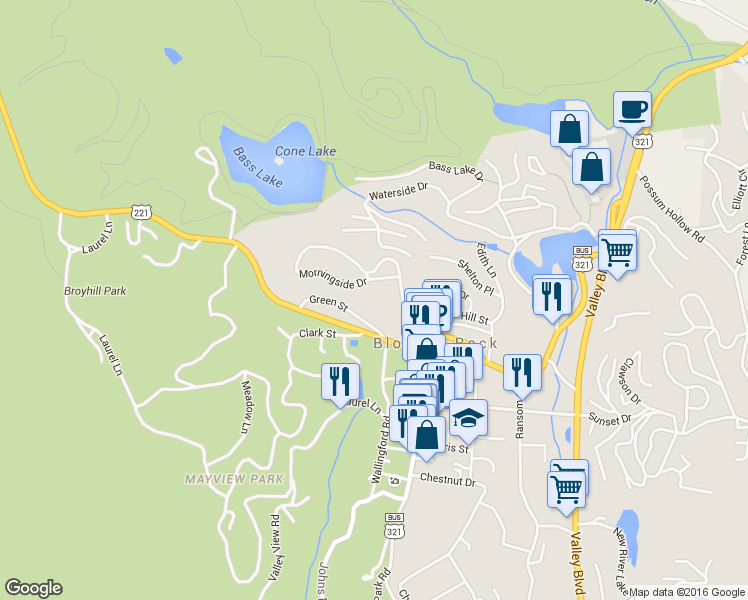 map of restaurants, bars, coffee shops, grocery stores, and more near 225 Shady Lane in Blowing Rock