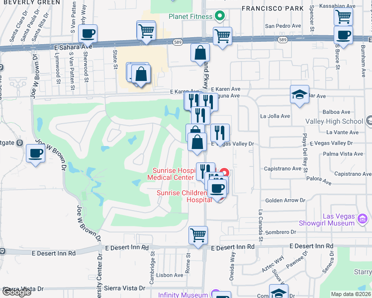 map of restaurants, bars, coffee shops, grocery stores, and more near 1125 Vegas Valley Drive in Las Vegas