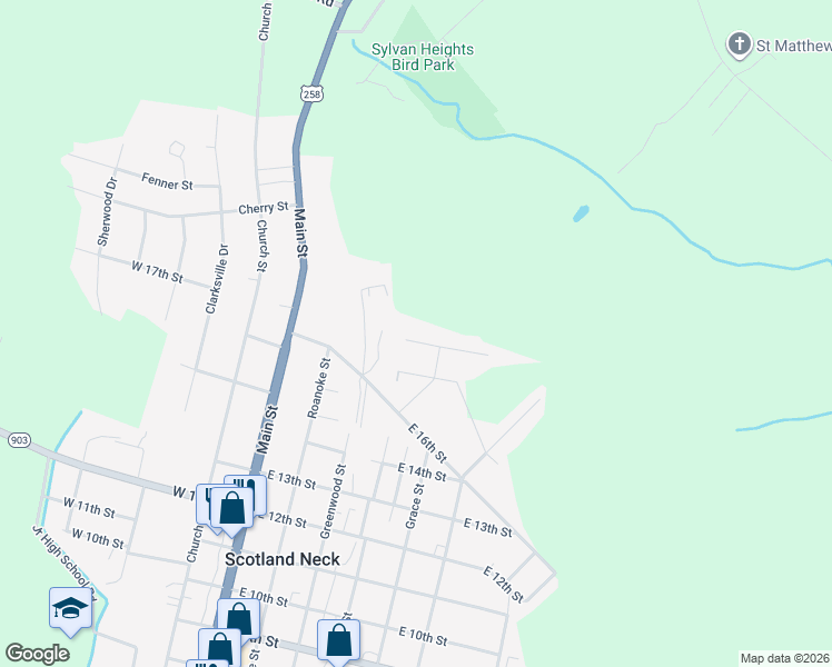 map of restaurants, bars, coffee shops, grocery stores, and more near 305 East 18th Street in Scotland Neck