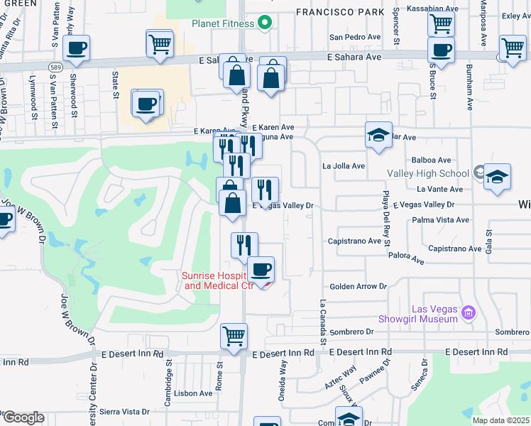 map of restaurants, bars, coffee shops, grocery stores, and more near 1305 Vegas Valley Drive in Las Vegas