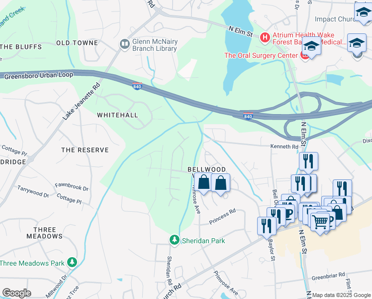 map of restaurants, bars, coffee shops, grocery stores, and more near 4214 Queen Victoria Place in Greensboro