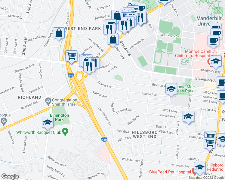 map of restaurants, bars, coffee shops, grocery stores, and more near 3408 Marlborough Avenue in Nashville