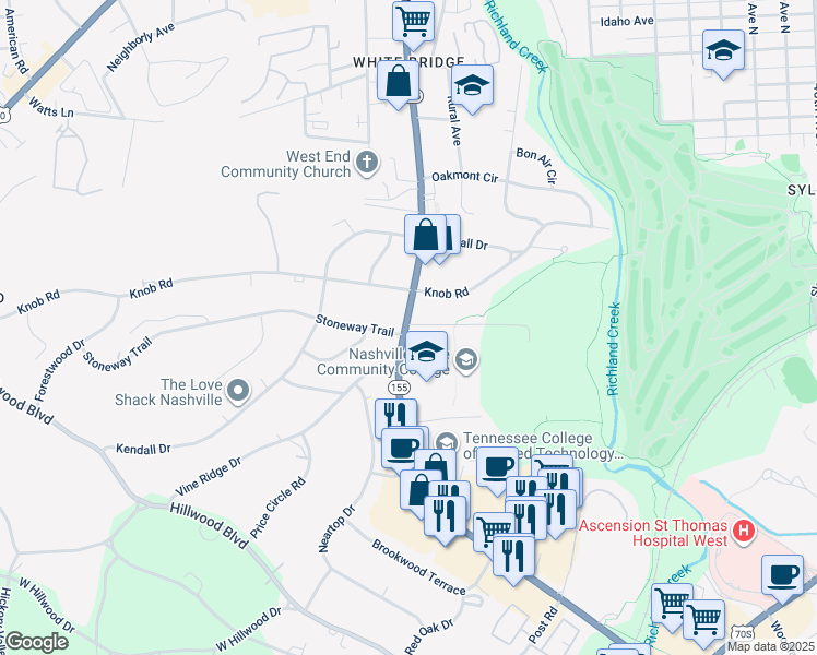 map of restaurants, bars, coffee shops, grocery stores, and more near 160 White Bridge Road in Nashville