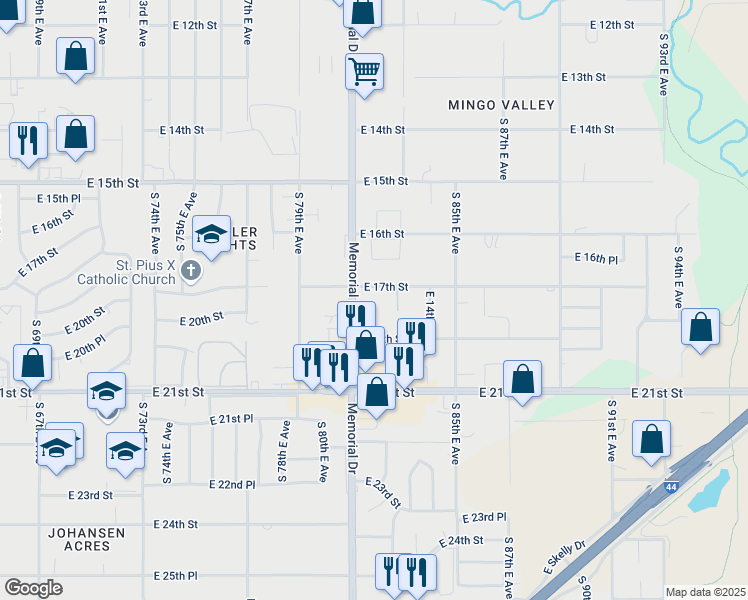 map of restaurants, bars, coffee shops, grocery stores, and more near 1713 South Memorial Drive in Tulsa
