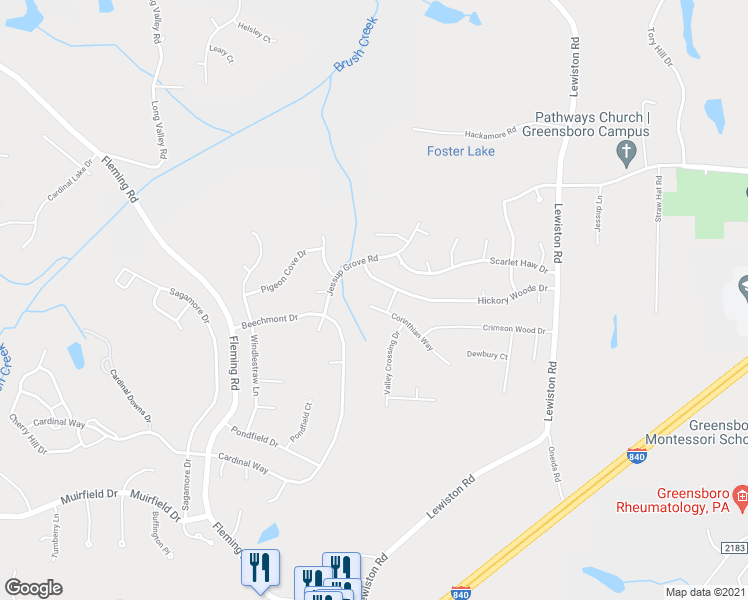 map of restaurants, bars, coffee shops, grocery stores, and more near 4904 Corinthian Way in Greensboro