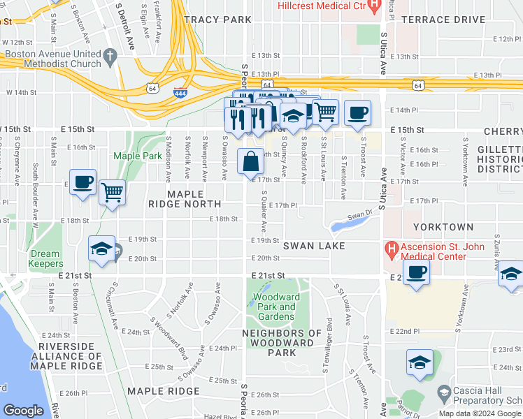 map of restaurants, bars, coffee shops, grocery stores, and more near 1324 East 17th Place in Tulsa