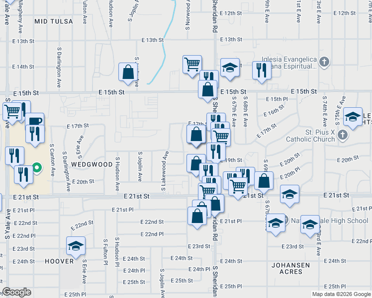 map of restaurants, bars, coffee shops, grocery stores, and more near 1753 South Maplewood Avenue in Tulsa