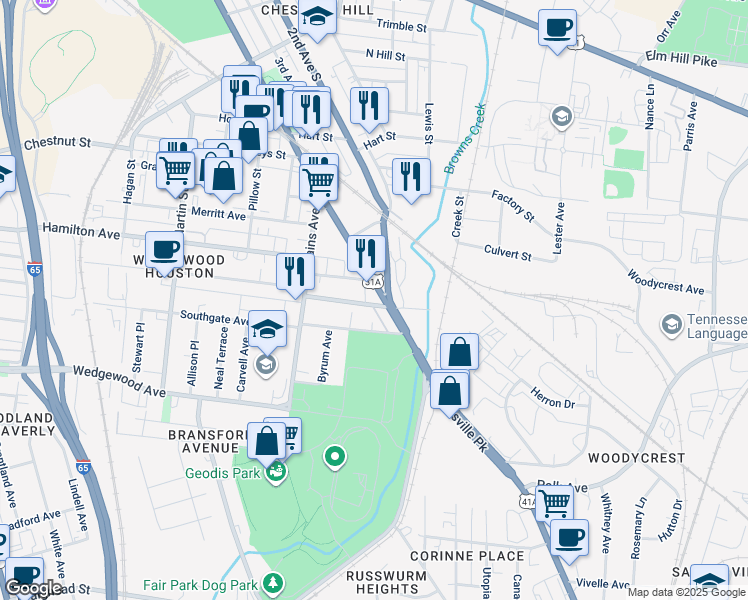 map of restaurants, bars, coffee shops, grocery stores, and more near 1607 Nolensville Pike in Nashville