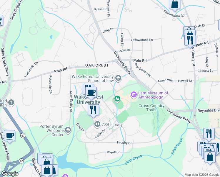 map of restaurants, bars, coffee shops, grocery stores, and more near 150 Wingate Rd in Winston-Salem