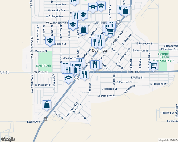 map of restaurants, bars, coffee shops, grocery stores, and more near 396 West Forest Avenue in Coalinga