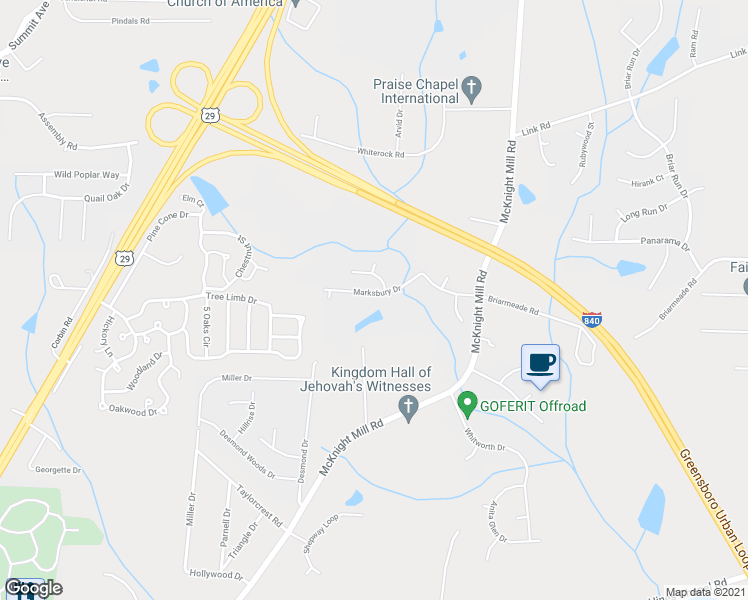 map of restaurants, bars, coffee shops, grocery stores, and more near 3620 Marksbury Drive in Greensboro