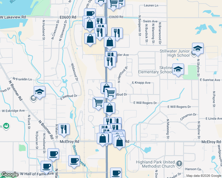 map of restaurants, bars, coffee shops, grocery stores, and more near 606 East Redbud Drive in Stillwater