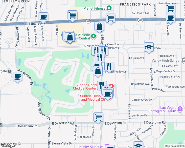 map of restaurants, bars, coffee shops, grocery stores, and more near 1125 Vegas Valley Drive in Las Vegas