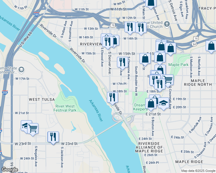 map of restaurants, bars, coffee shops, grocery stores, and more near 1717 Riverside Drive in Tulsa