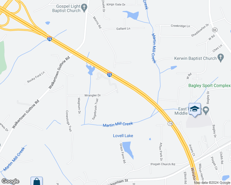 map of restaurants, bars, coffee shops, grocery stores, and more near 5060 Wrangler Drive in Winston-Salem