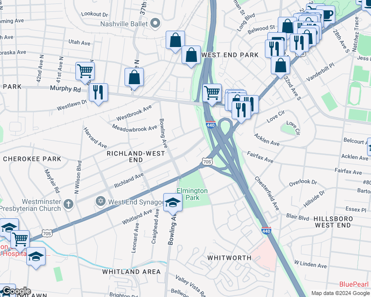 map of restaurants, bars, coffee shops, grocery stores, and more near 3516 Richland Avenue in Nashville