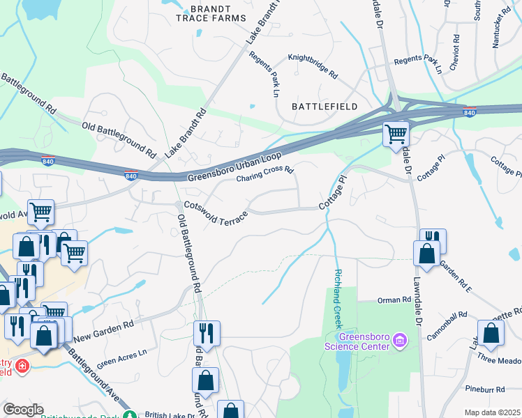 map of restaurants, bars, coffee shops, grocery stores, and more near 3414 Cottage Pl in Greensboro