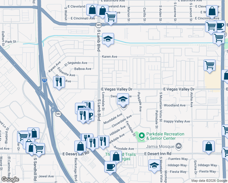 map of restaurants, bars, coffee shops, grocery stores, and more near 4305 East Vegas Valley Drive in Las Vegas