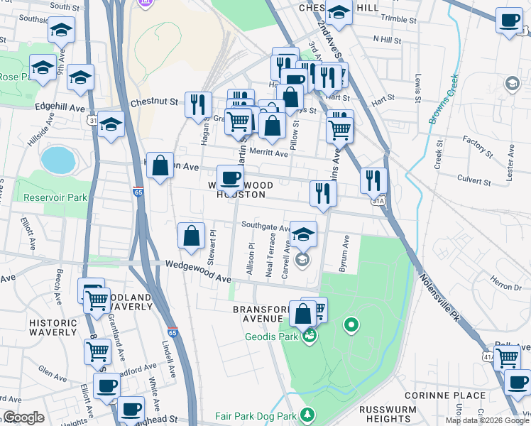 map of restaurants, bars, coffee shops, grocery stores, and more near 1611 Marshall Hollow Drive in Nashville