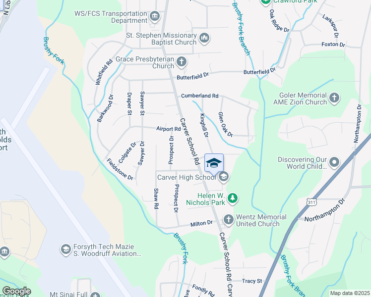 map of restaurants, bars, coffee shops, grocery stores, and more near 3715 Prospect Drive in Winston-Salem