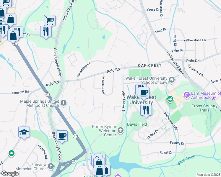 map of restaurants, bars, coffee shops, grocery stores, and more near 122 Rosedale Circle in Winston-Salem