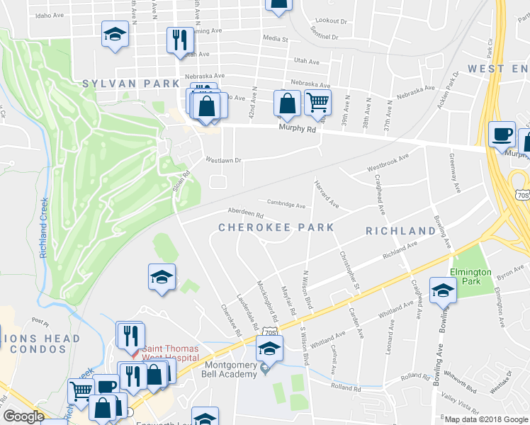 map of restaurants, bars, coffee shops, grocery stores, and more near 4018 Aberdeen Road in Nashville