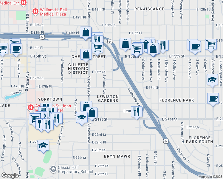 map of restaurants, bars, coffee shops, grocery stores, and more near 2524 East 17th Place in Tulsa