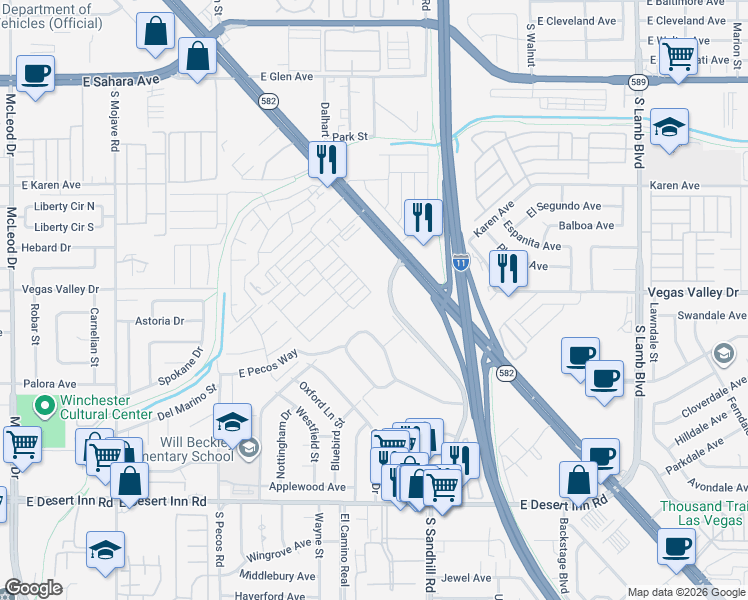 map of restaurants, bars, coffee shops, grocery stores, and more near 544 Greenbriar Townhouse Way in Las Vegas