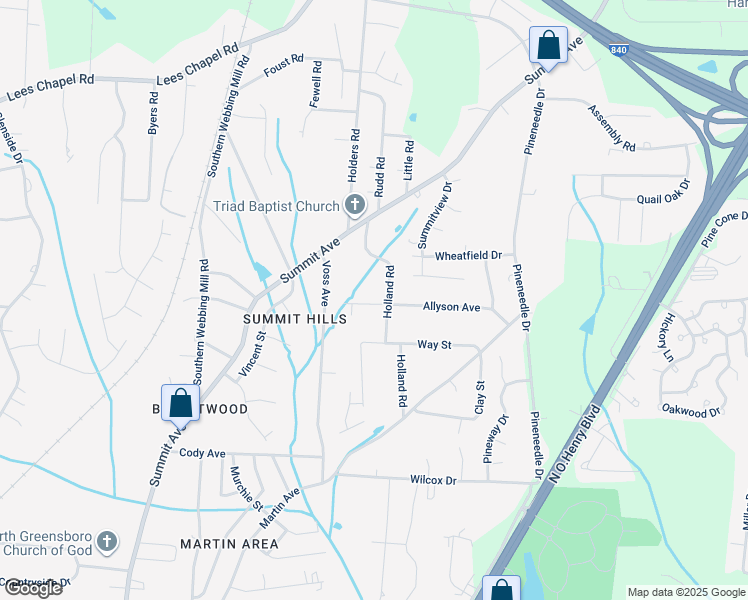 map of restaurants, bars, coffee shops, grocery stores, and more near 1807 Allyson Avenue in Greensboro