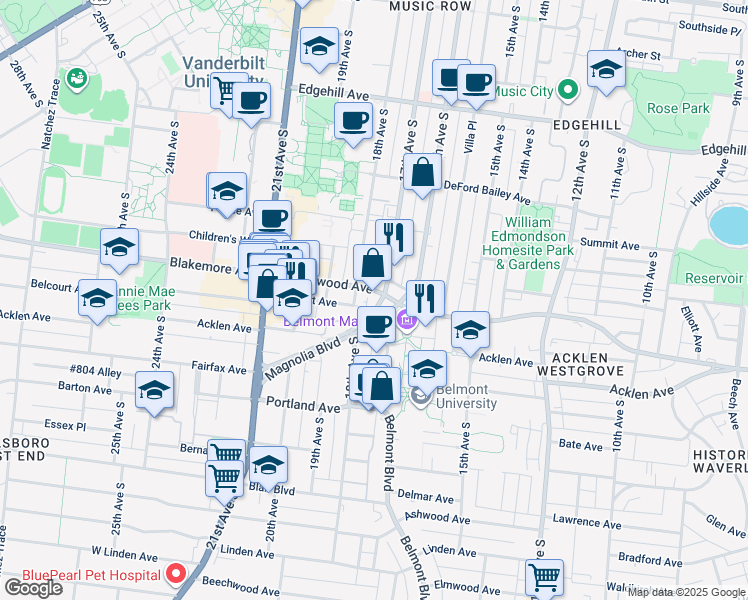 map of restaurants, bars, coffee shops, grocery stores, and more near 1700 Belcourt Avenue in Nashville