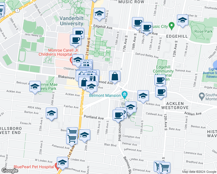 map of restaurants, bars, coffee shops, grocery stores, and more near 1711 18th Avenue South in Nashville