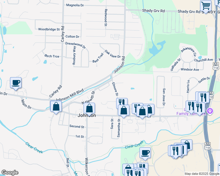 map of restaurants, bars, coffee shops, grocery stores, and more near 2501 Bowman Drive in Springdale