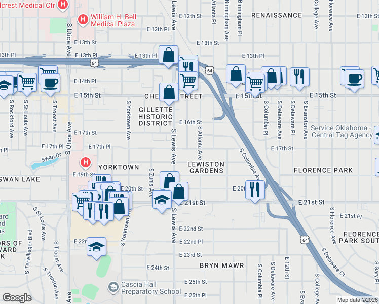 map of restaurants, bars, coffee shops, grocery stores, and more near 2442 East 17th Place in Tulsa