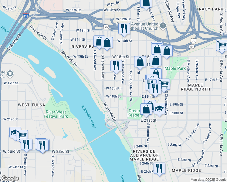 map of restaurants, bars, coffee shops, grocery stores, and more near 1739 South Carson Avenue in Tulsa