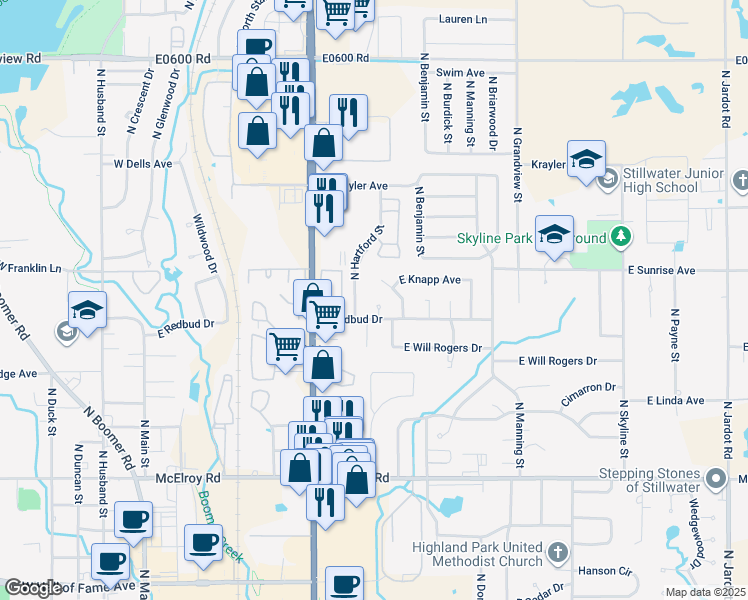 map of restaurants, bars, coffee shops, grocery stores, and more near 718 Redbud Court in Stillwater