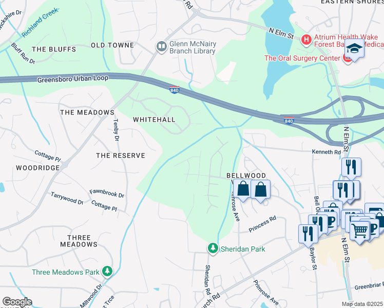 map of restaurants, bars, coffee shops, grocery stores, and more near 4604 Kinnakeet Way in Greensboro