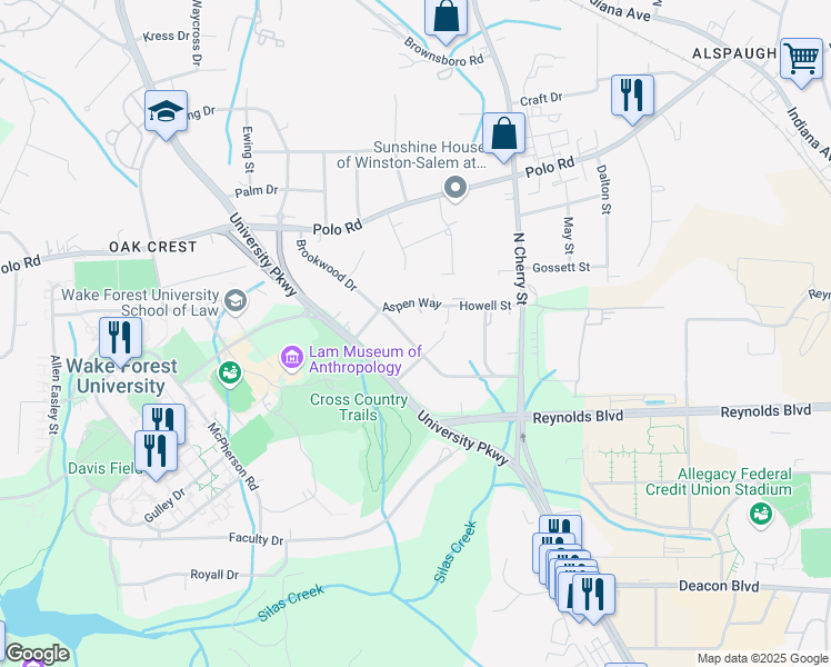 map of restaurants, bars, coffee shops, grocery stores, and more near 1315 University Parkway in Winston-Salem