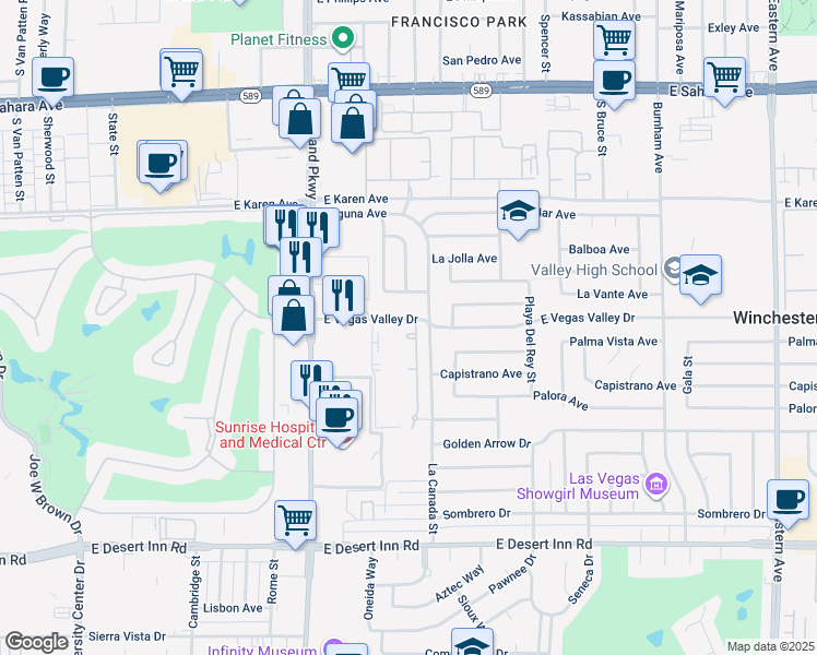 map of restaurants, bars, coffee shops, grocery stores, and more near 1405 East Vegas Valley Drive in Las Vegas